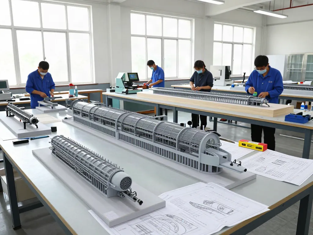 Präzision im Industriemodellbau: Handwerker erstellen detailreiche Modelle in einer hellen Werkstatt.